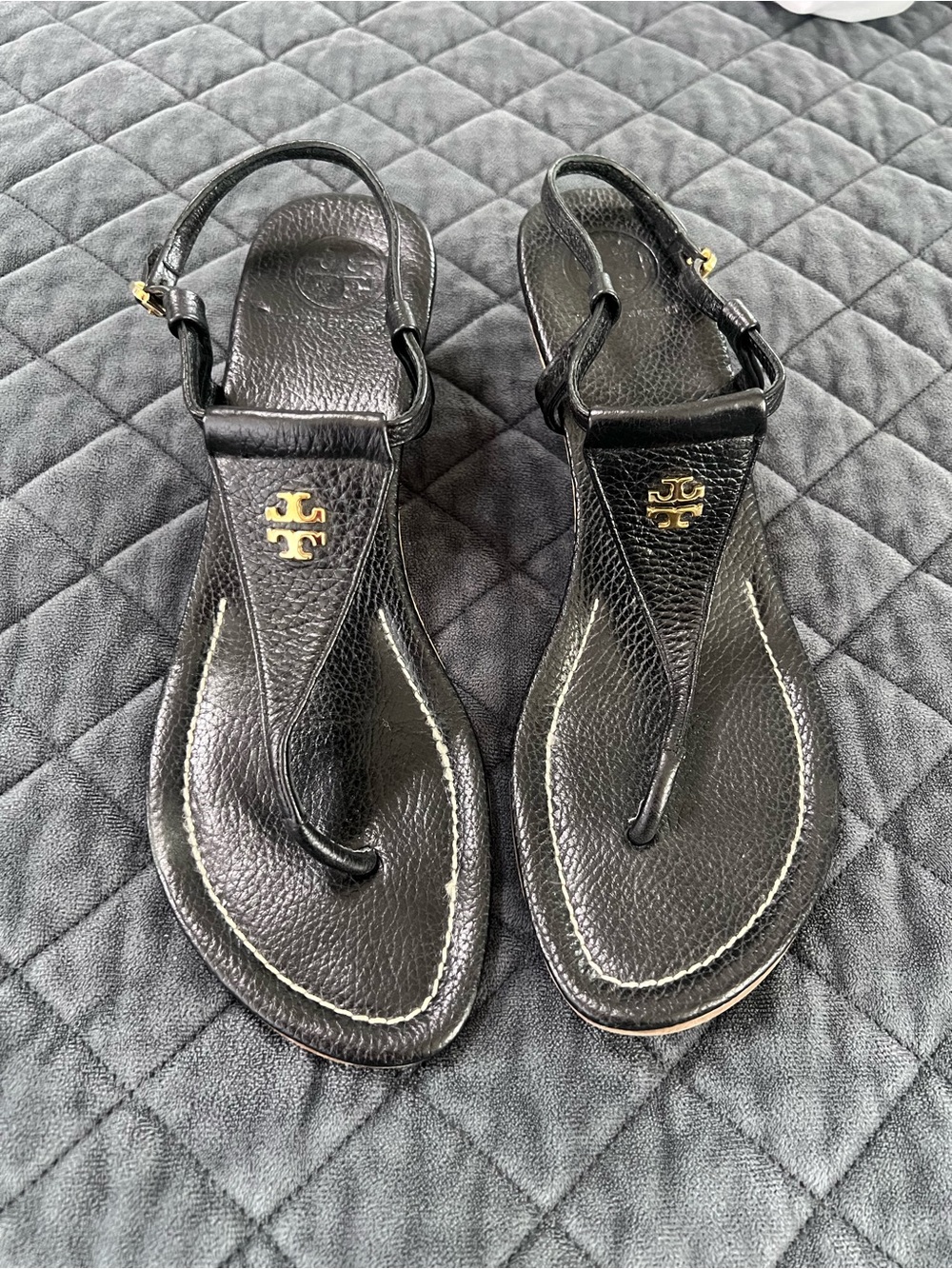 Tory Burch Sandals Womens Size 10 Thong Black Leather Ankle Strap Wedge Heels